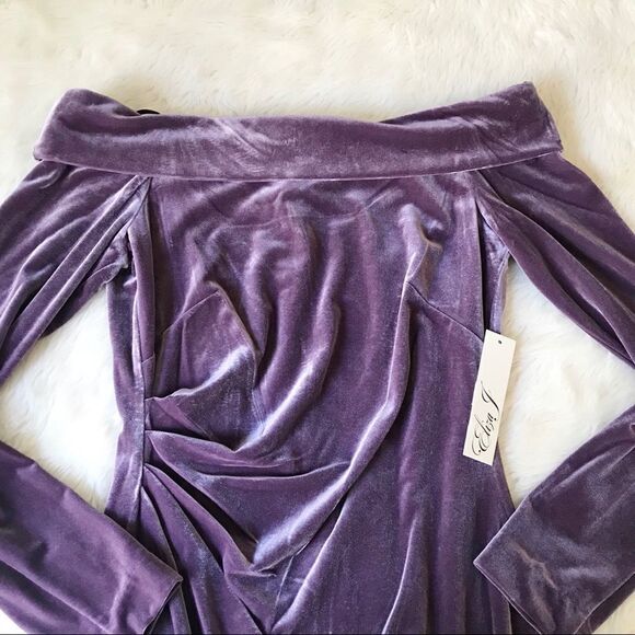 ELIZA J Velvet Off The Shoulder Dress Long Sleeve Short Sheath Purple Size 8 New - Picture 4 of 16